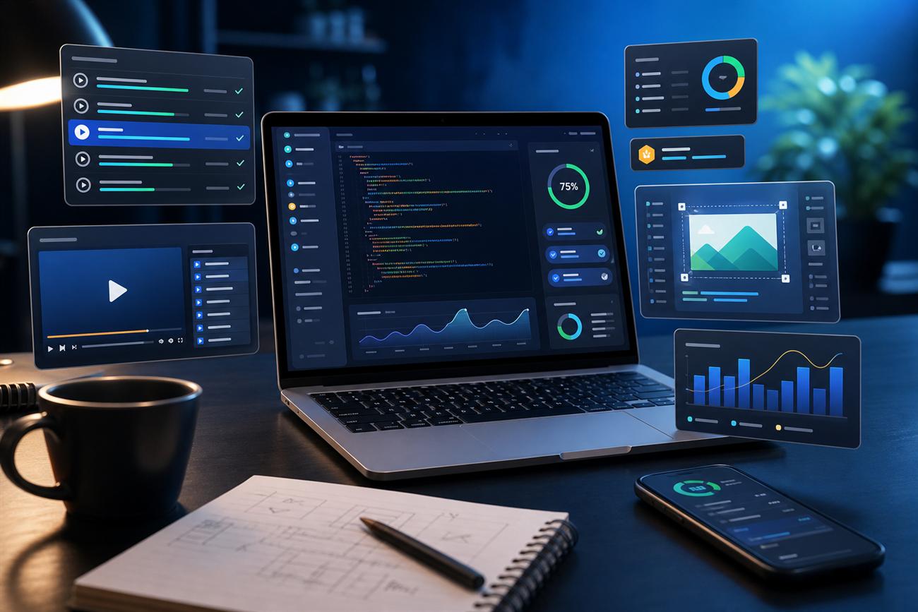 Modern online learning platform interface on a workstation